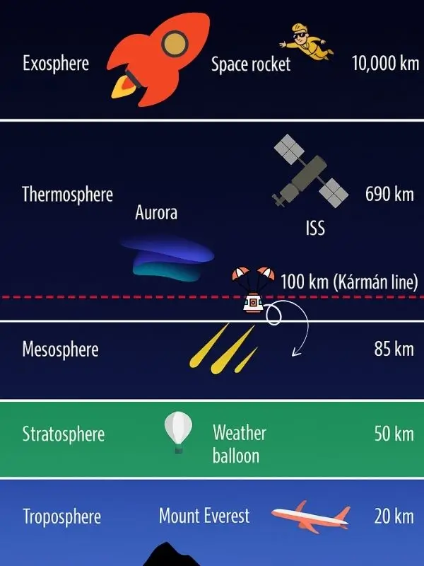 Infografik mit Stratosphäre, Mesosphäre, Thermosphäre und Kármán-Linie, um die tatsächliche Flughöhe des Raumflugs zu zeigen