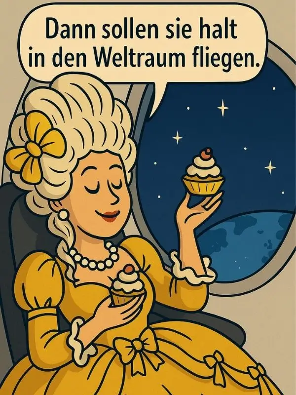 Cartoon einer Frau im Rokoko-Kleid, die Cupcakes isst und aus einem Raumschifffenster blickt - Parodie auf Dekadenz