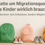 Drei farbige Schulrucksäcke und Kinderschuhe vor heller Wand - Symbol für Vielfalt, Bildung und Chancengleichheit im Kontext der Migrationsquote