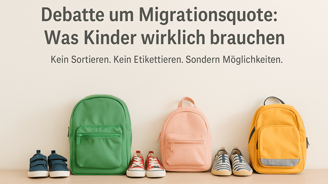Drei farbige Schulrucksäcke und Kinderschuhe vor heller Wand - Symbol für Vielfalt, Bildung und Chancengleichheit im Kontext der Migrationsquote