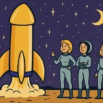 Illustration von drei Frauen in engen Raumanzügen vor einer raketenförmigen Kapsel - satirisches Symbolbild zur Raumfahrtaktion