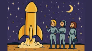 Illustration von drei Frauen in engen Raumanzügen vor einer raketenförmigen Kapsel - satirisches Symbolbild zur Raumfahrtaktion