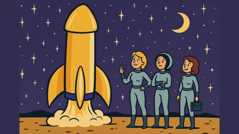 Illustration von drei Frauen in engen Raumanzügen vor einer raketenförmigen Kapsel - satirisches Symbolbild zur Raumfahrtaktion