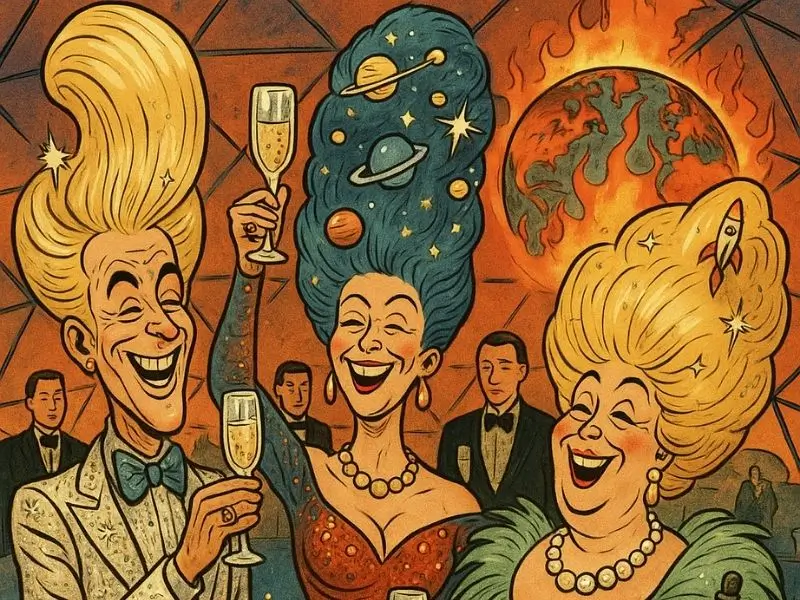 Karikatur von reichen Menschen mit absurden Frisuren, die auf eine brennende Erde anstoßen - Kritik an Dekadenz und Realitätsverlust