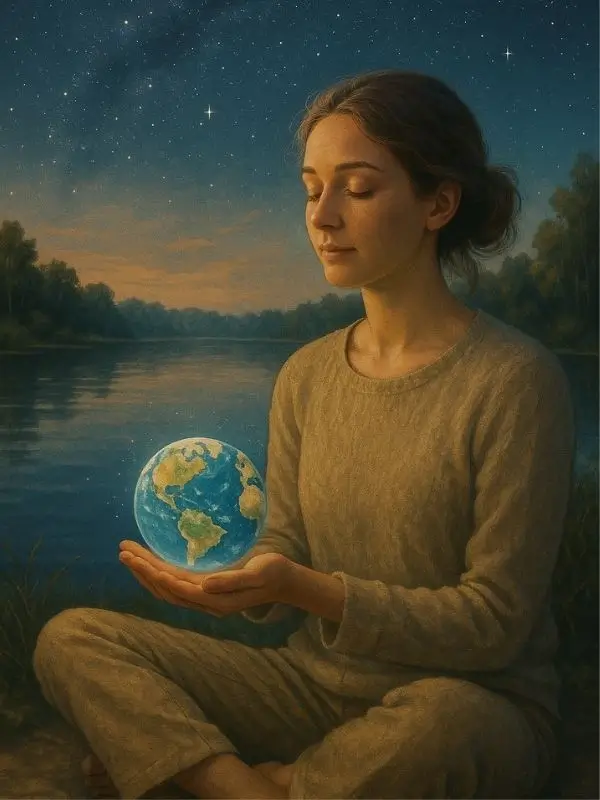 Symbolisches Bild einer Frau, die am See sitzt und eine leuchtende Erde in den Händen hält