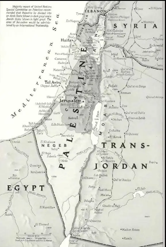 Historische Landkarte von Palästina aus dem National Geographic Magazin, Dezember 1947