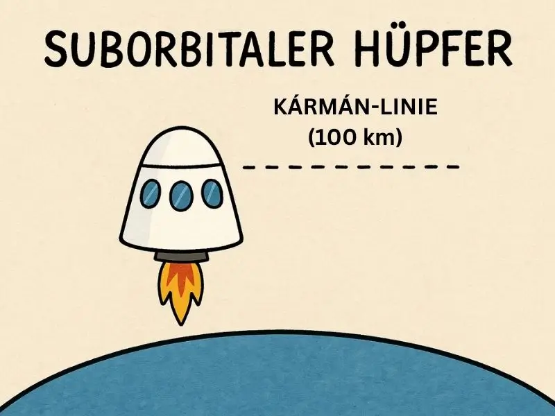 Illustration einer Raumkapsel, die knapp über die Kármán-Linie steigt, Symbol für den kurzen Weltraumausflug der „Feminismus“-Mission