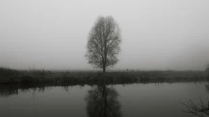 Ein einzelner Baum im Nebel, der sich im Wasser spiegelt - Symbol für kollektive Trauma-Dynamiken, Isolation und psychologische Muster