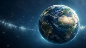 Fußball in Form einer Erdkugel - Symbol für die Fußball-WM 2026 als globales Ereignis und Spiegel der Welt im Wandel