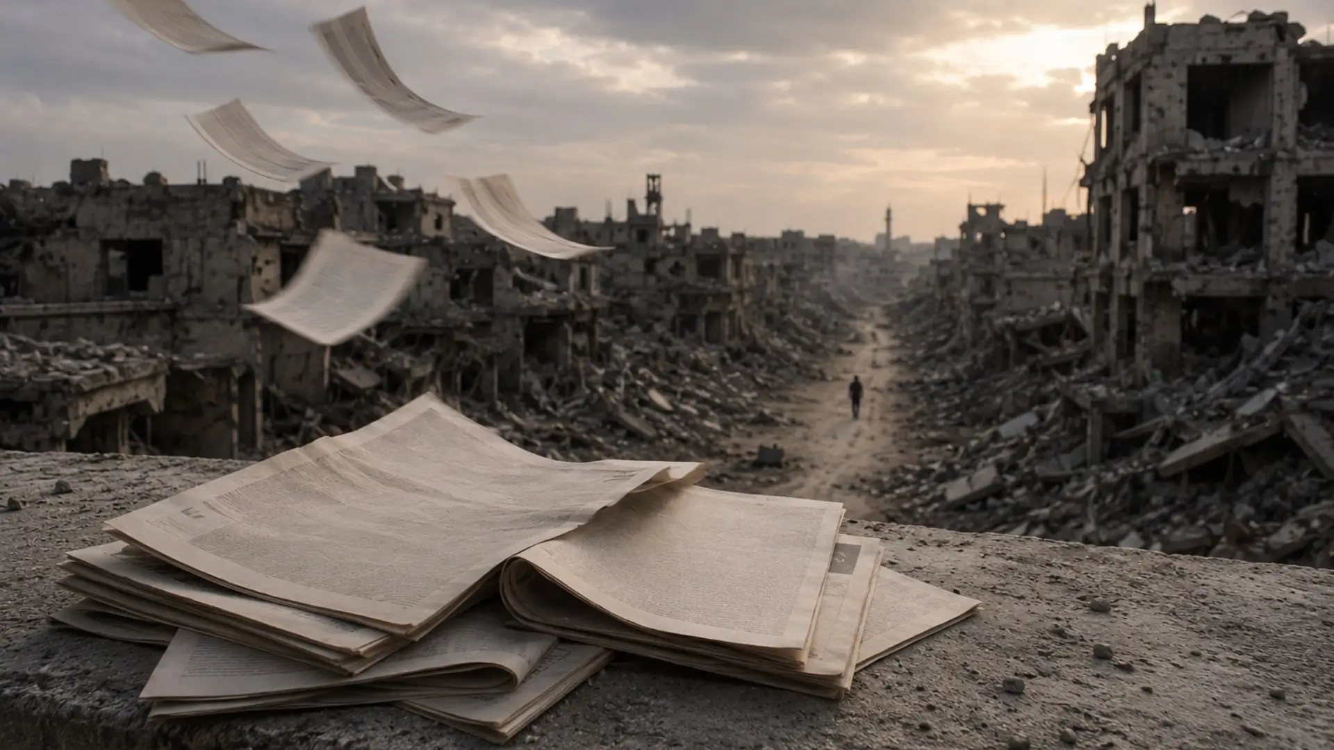 Zeitungen liegen im Vordergrund, während lose Seiten über eine zerstörte Stadt geweht werden. Im Hintergrund geht eine einzelne Person durch die Ruinen - Sinnbild dafür, dass Gaza auch ohne Schlagzeilen weiter existiert.