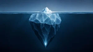 Eisberg mit kleiner sichtbarer Spitze über Wasser und weitaus größerem verborgenem Teil darunter - Sinnbild für das 3-Ebenen-Modell der Ismen: was sich erzählt wird und was darunter wirkt