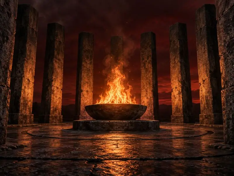 Brennende Feuerschale zwischen monumentalen Steinsäulen unter rotem Himmel - Symbolbild für Faschismus (Ismen verstehen)